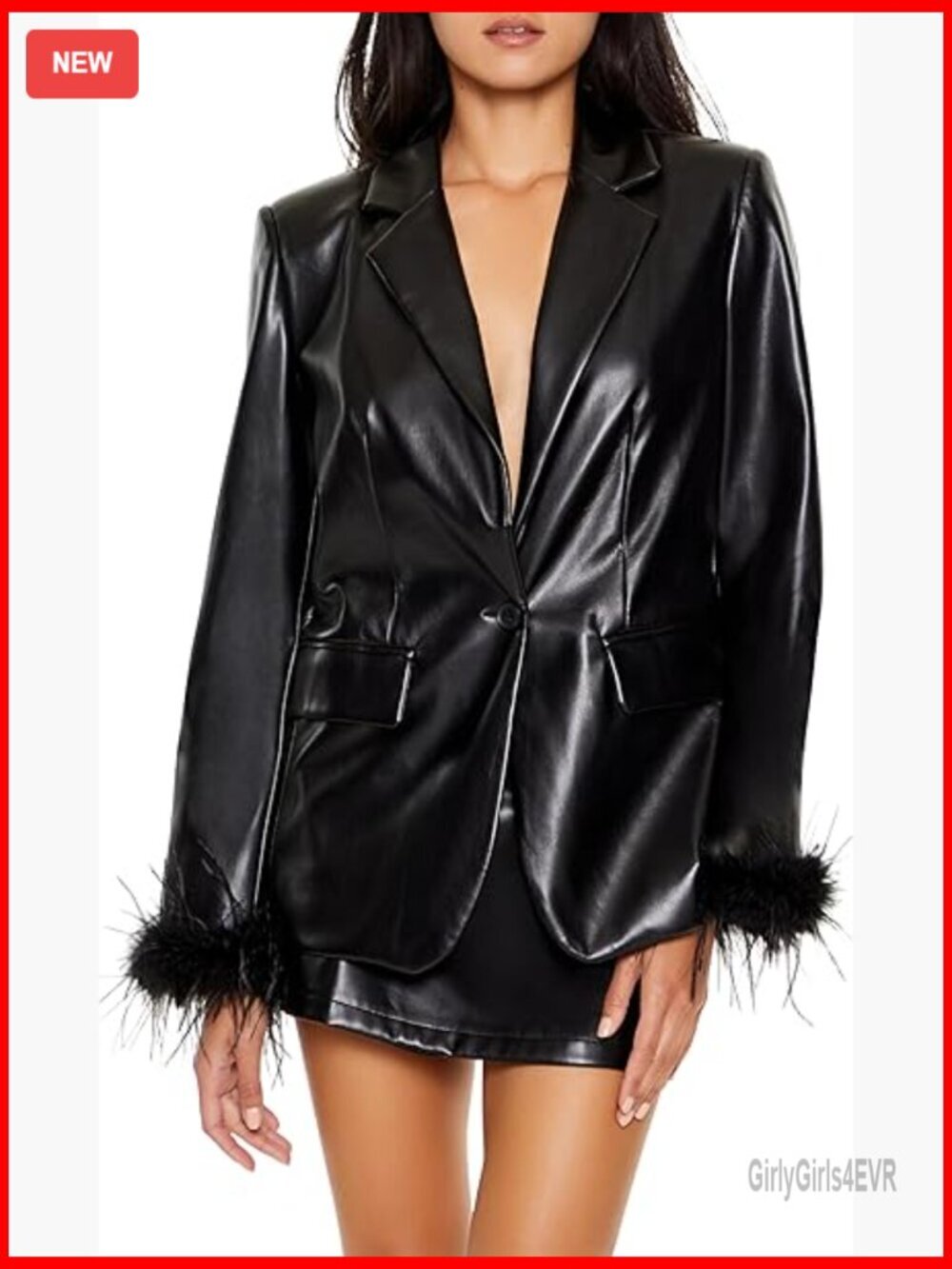 Faux Feather & Leather Blazer with Notched Lapels, Single Button Closure